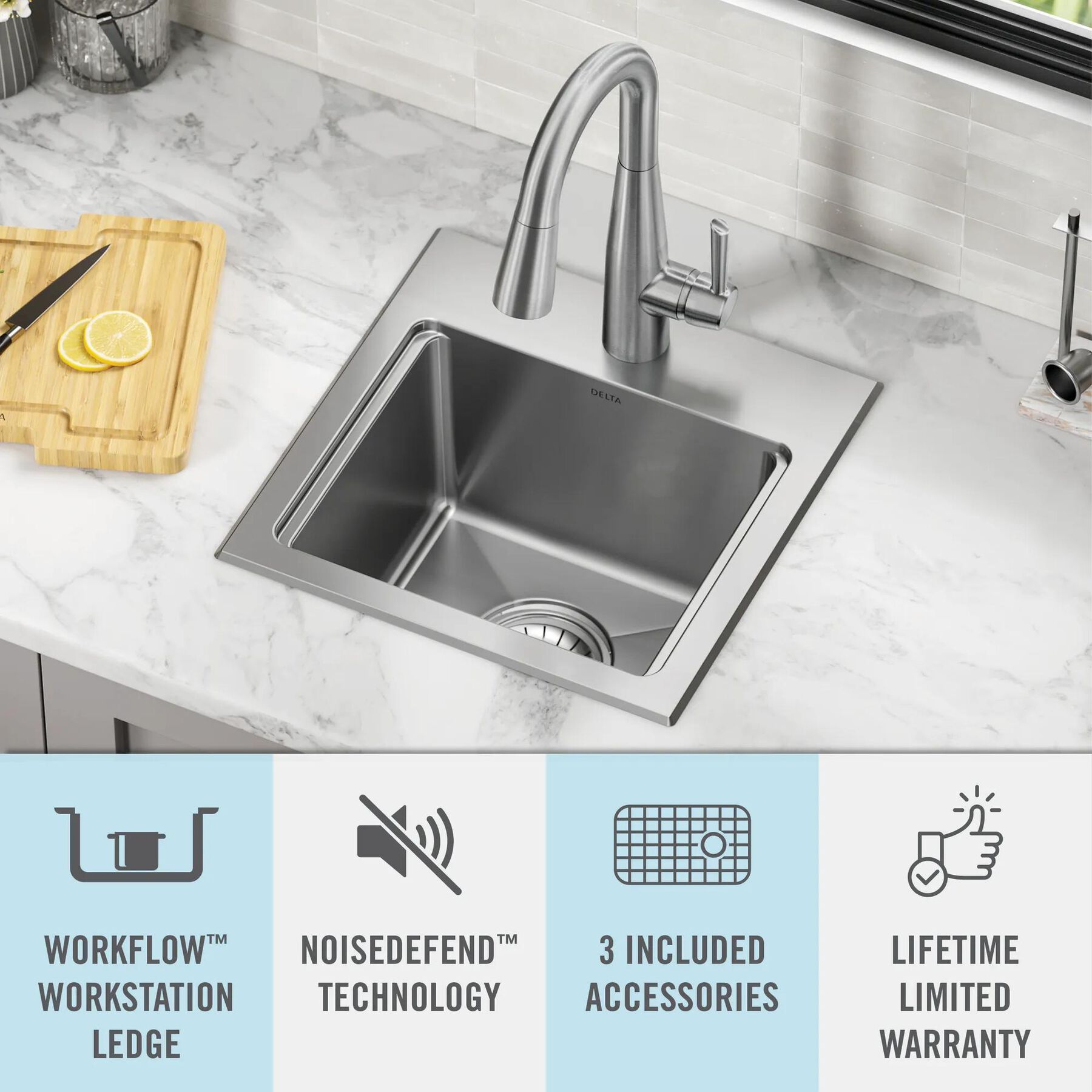 15&rdquo; Stainless Steel Workstation Kitchen Bar Sink Drop-In Undermount Single Bowl with WorkFlow&trade; Ledge and Accessories